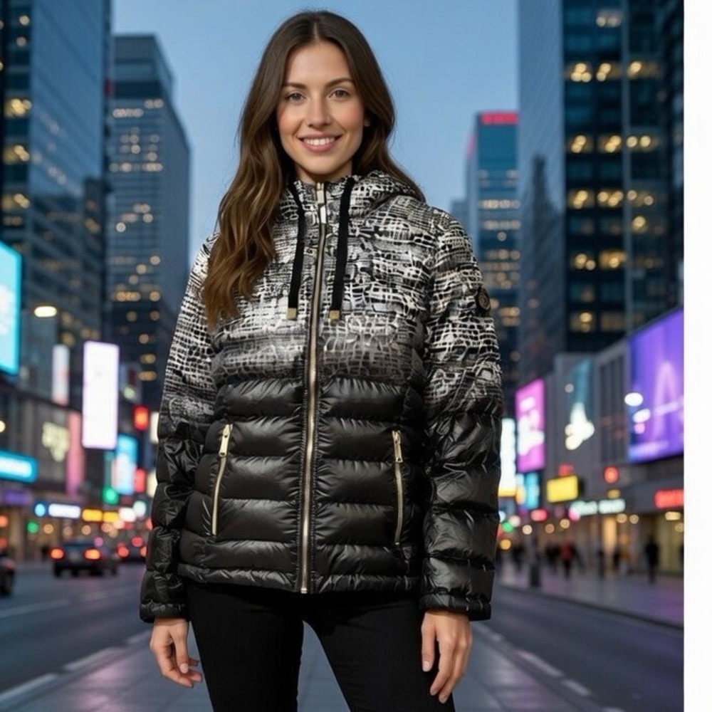 Calvin Klein Black and Patterned Puffer Jacket Reversible Coat Duck Down